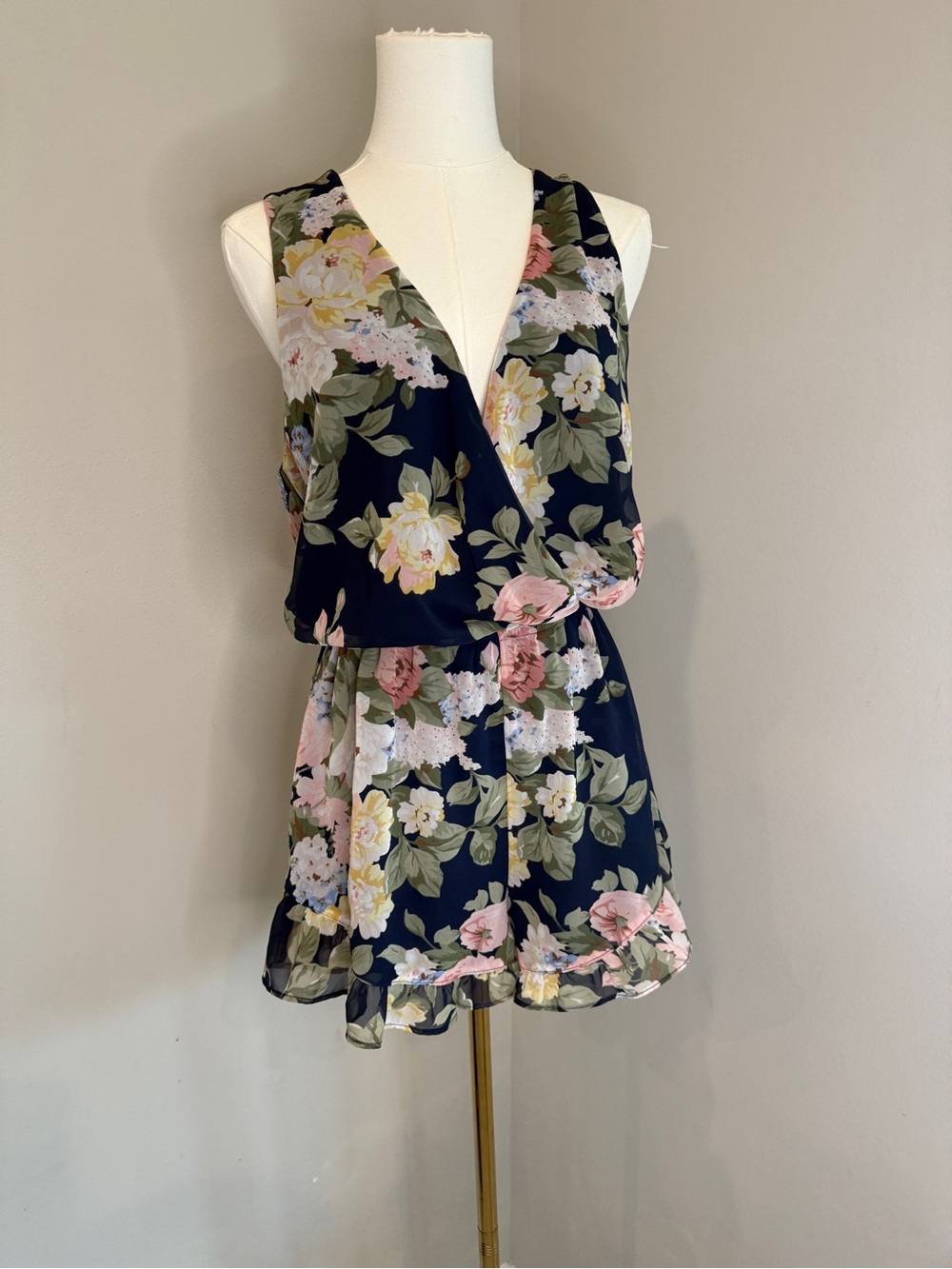 Show Me Your MuMu Riri Navy Floral Romper with Pink & Cream Blooms